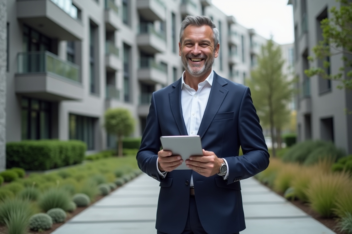 Homme souriant devant un immeuble d