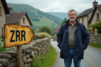 Homme au village près du panneau ZRR en extérieur