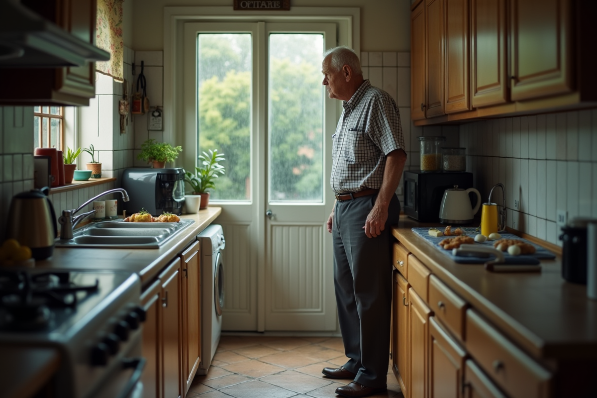 Homme inspectant une fenêtre cassée sous la pluie dans la cuisine