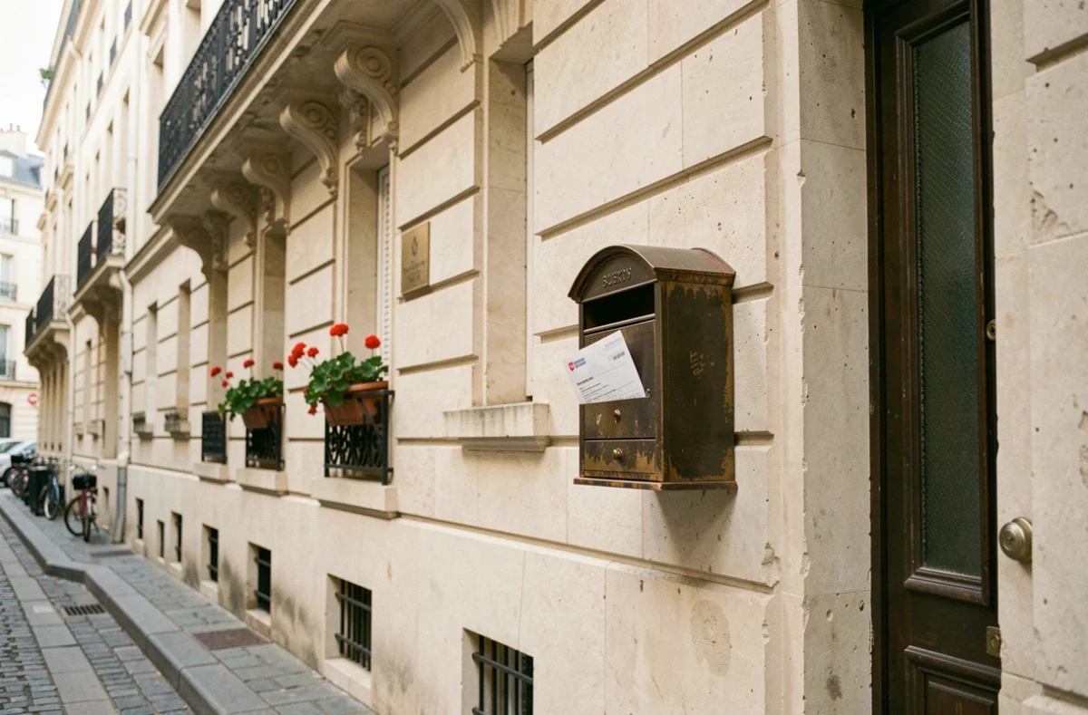 Façade d'immeuble haussmannien parisien avec boîte aux lettres symbolisant la protection assurance habitation