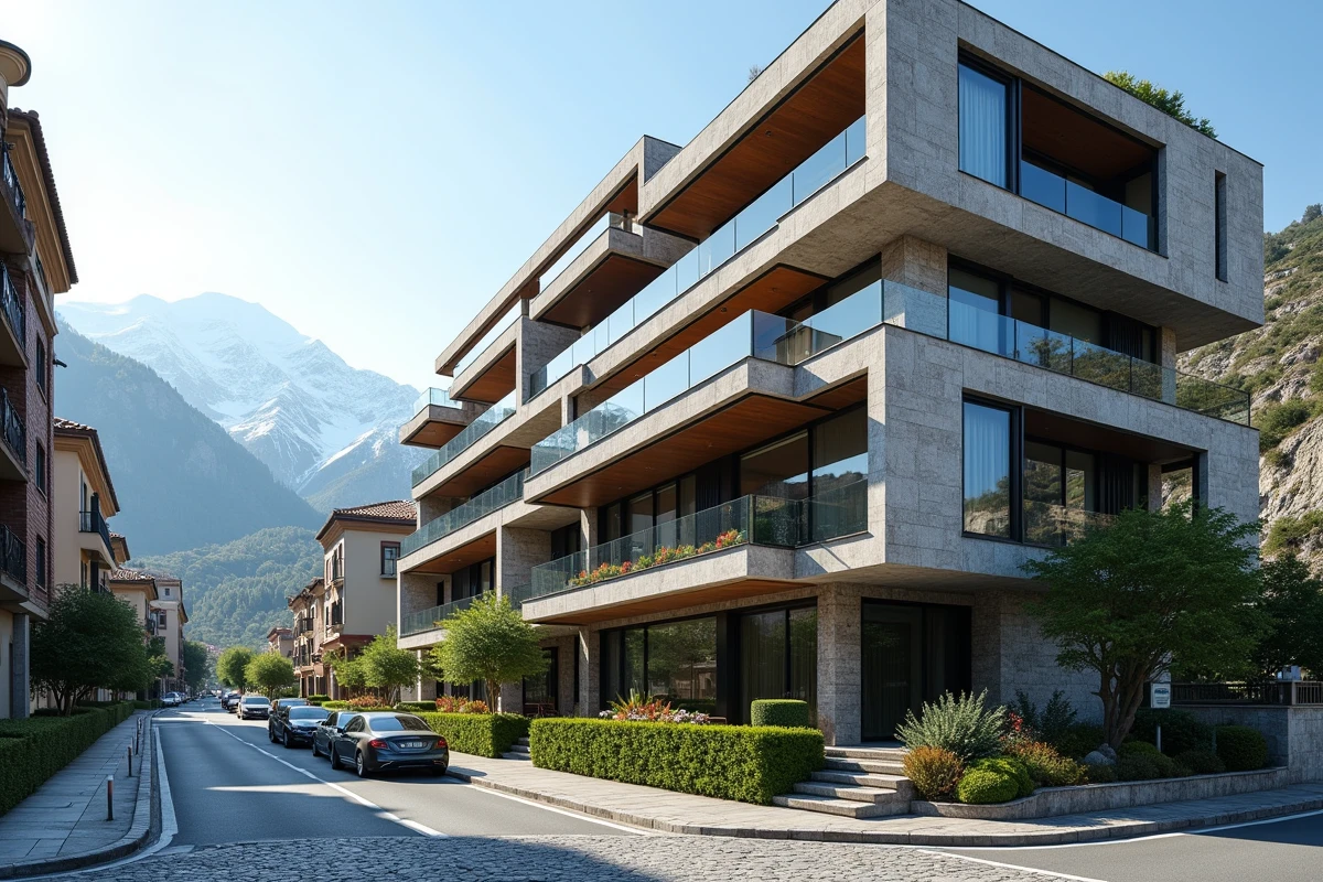 Immeuble résidentiel moderne à Andorre-la-Vieille avec balcons vitrés et vue panoramique sur les sommets pyrénéens