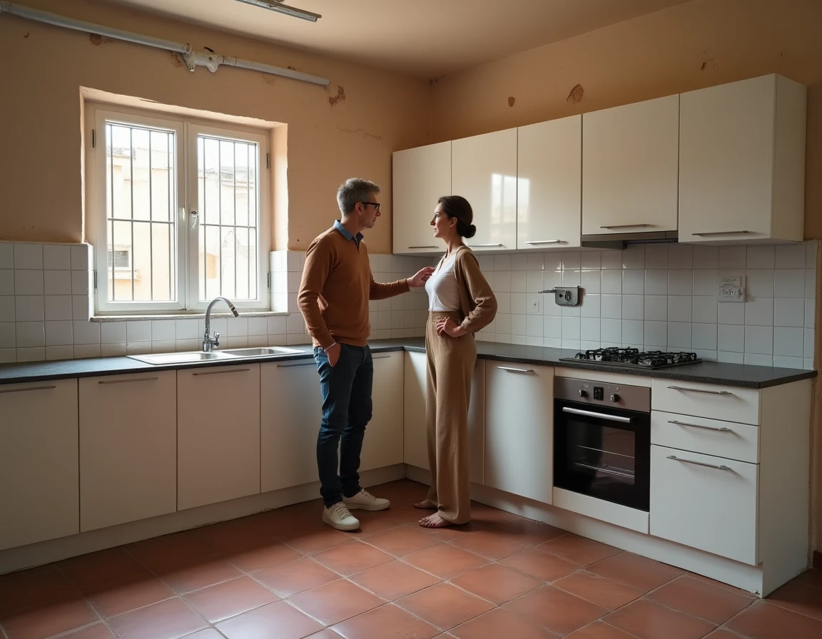 Couple inspectant la cuisine d'un appartement non meublé à Guéliz avant achat