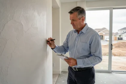 Acheteur immobilier inspectant les finitions murales d'un appartement neuf avant signature