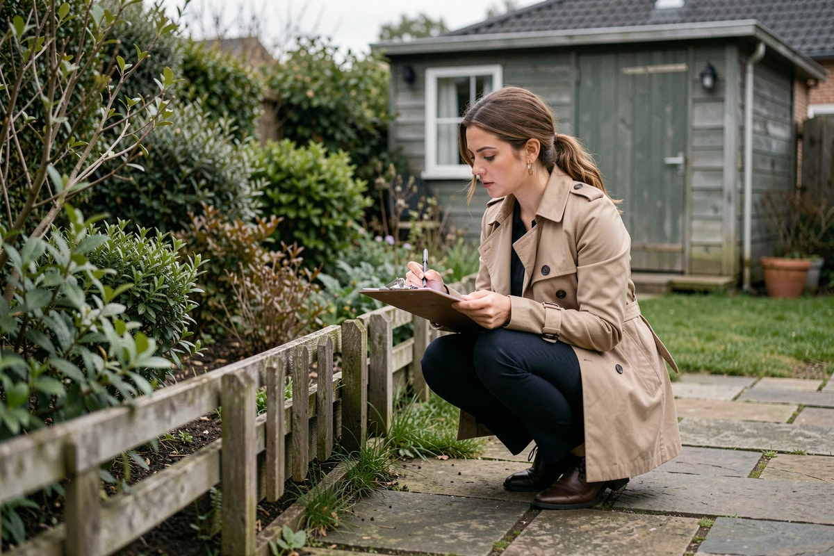 Femme inspectant la clôture et l'état du jardin lors d'une visite locative d'une maison en Seine-Maritime