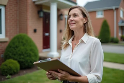 Femme inspectant une maison en banlieue avec un clipboard