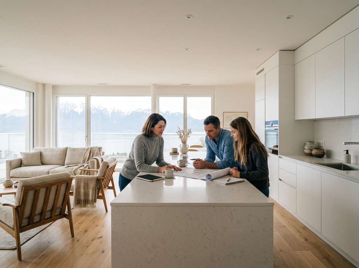 Intérieur moderne d'un appartement neuf à Thonon-les-Bains avec vue sur les Alpes et famille installée dans la cuisine ouverte