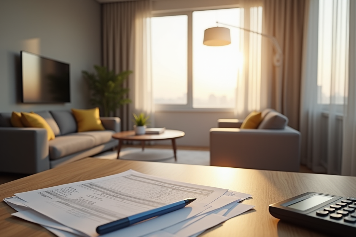 Intérieur moderne d'un appartement avec documents fiscaux et calculatrice
