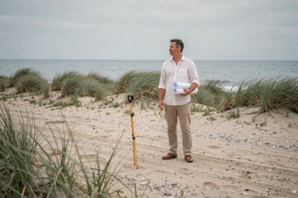 Homme tenant des plans architecturaux sur un terrain en bord de mer à vendre, regardant l'horizon marin