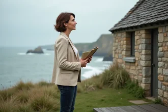 Investisseuse immobilière sur la terrasse d'un cottage normand en bord de mer tenant un dossier de location