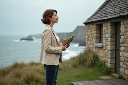 Investisseuse immobilière sur la terrasse d'un cottage normand en bord de mer tenant un dossier de location