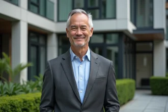 Investisseur immobilier devant un immeuble résidentiel moderne en 2026, portrait professionnel en milieu urbain