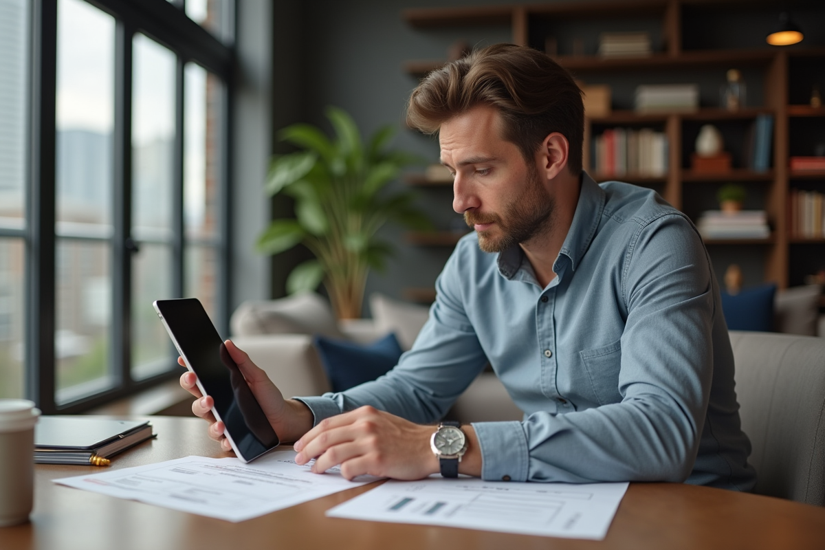 Homme investisseur analysant des documents immobiliers dans un appartement