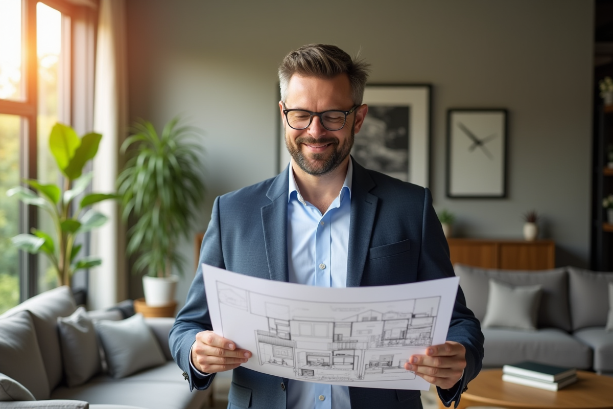 Investisseur immobilier confiant dans un salon moderne avec plans