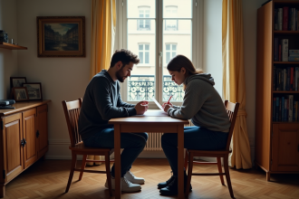 Jeune couple à Paris étudie des documents de location