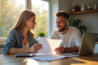 Jeune couple analysant des documents de prêt immobilier à la maison