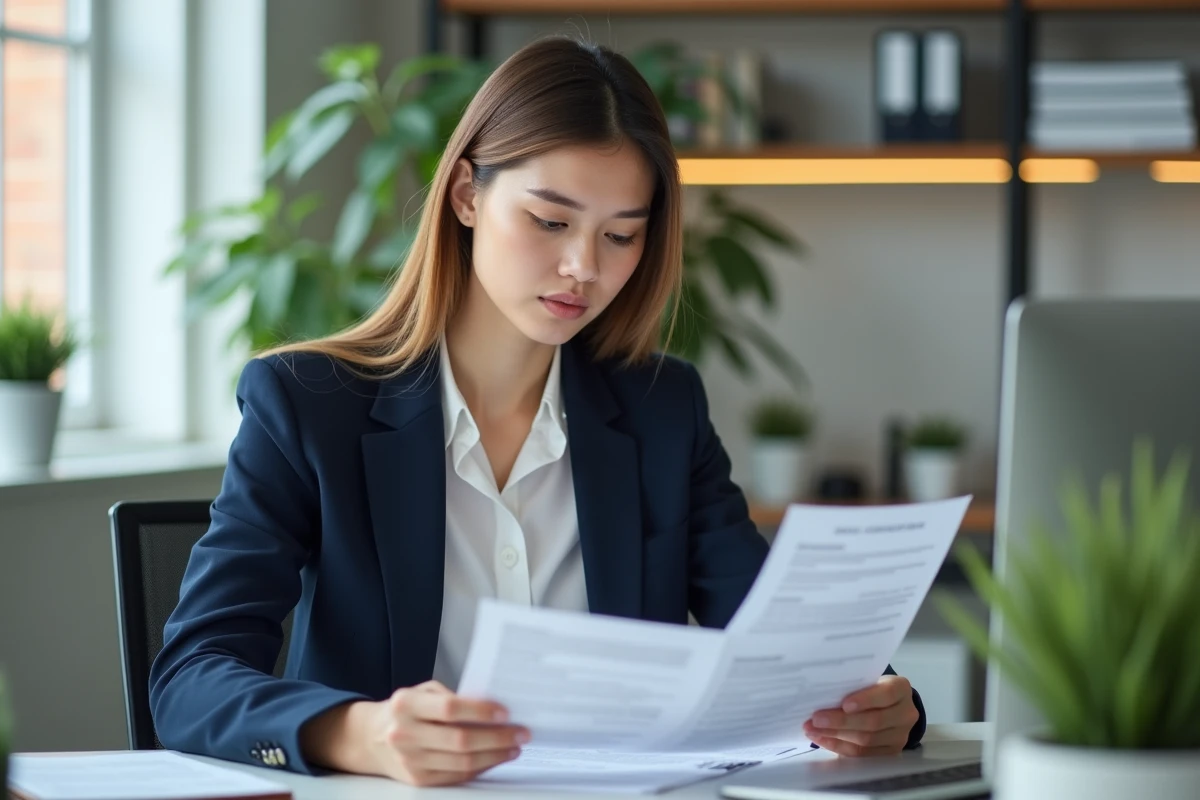 Jeune femme en bureau examine un contrat de location