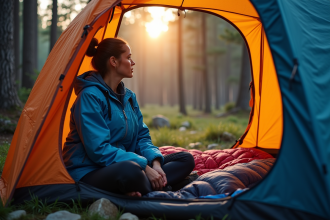 Jeune femme dézipant sa tente au lever du soleil en pleine nature