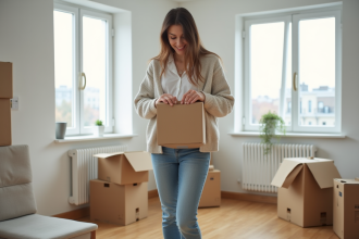 Jeune femme déballant un objet dans un appartement neuf
