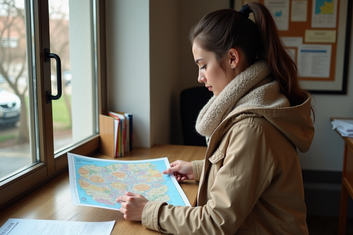 Jeune femme examinant une carte ZRR à la mairie