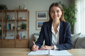Jeune femme signant des documents de logement dans un intérieur lumineux
