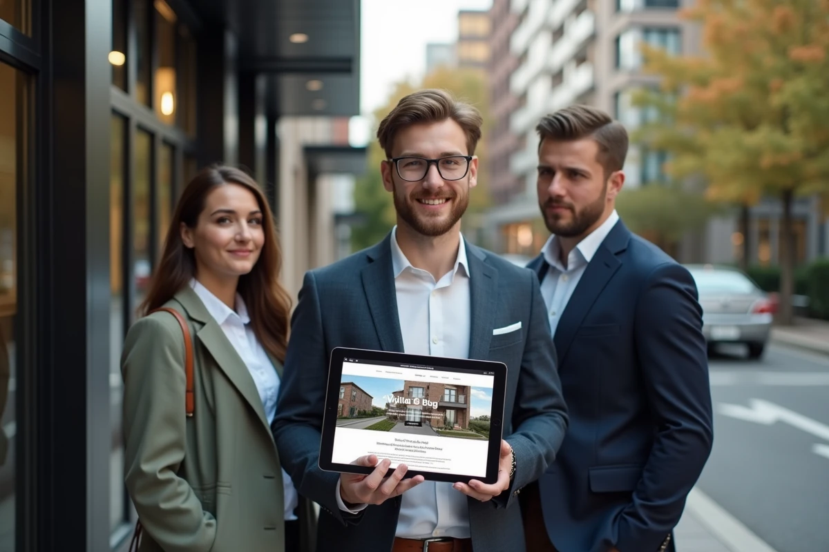 Jeune gestionnaire montrant tablette à couple devant immeuble