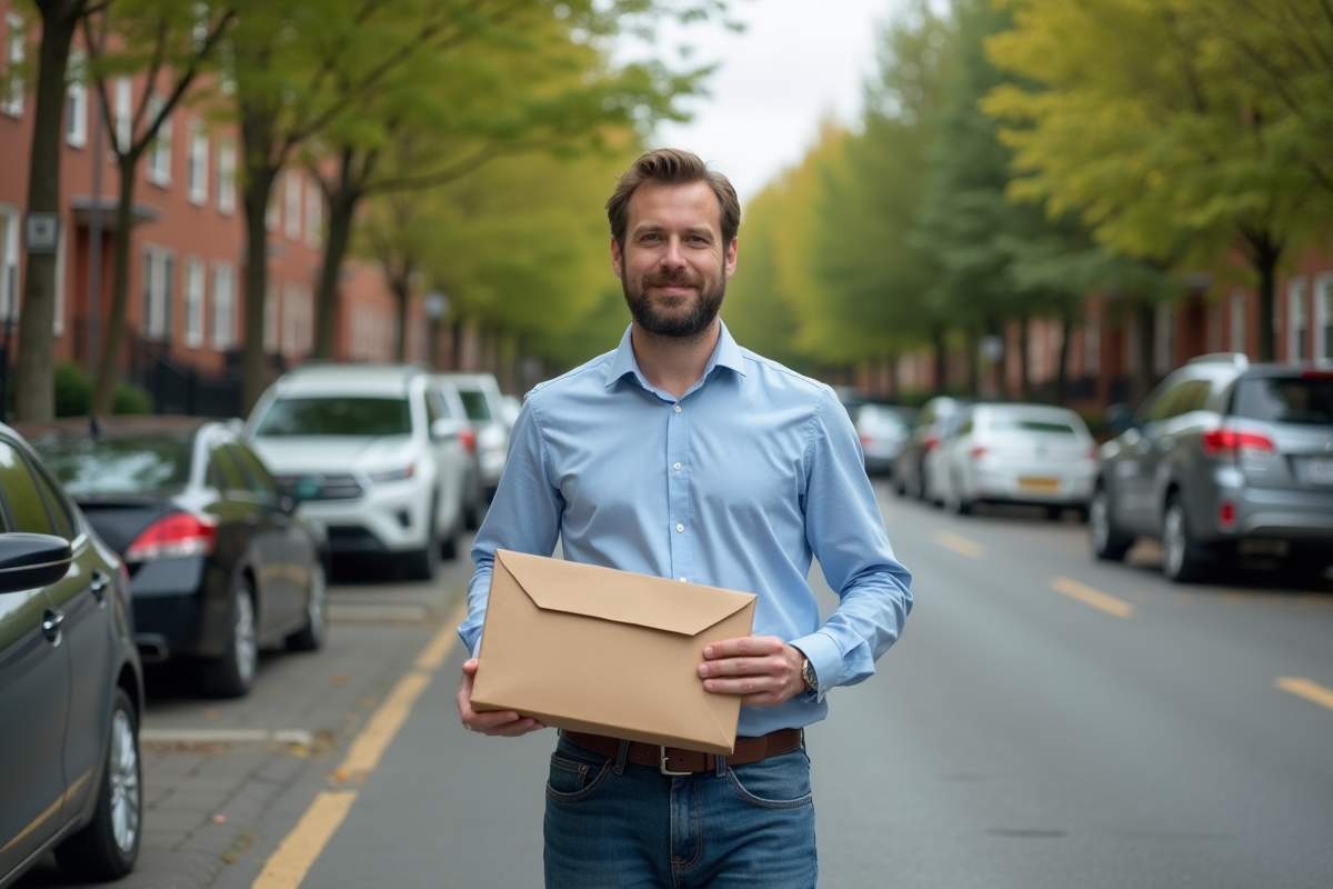 Jeune homme avec enveloppe devant sa voiture en ville