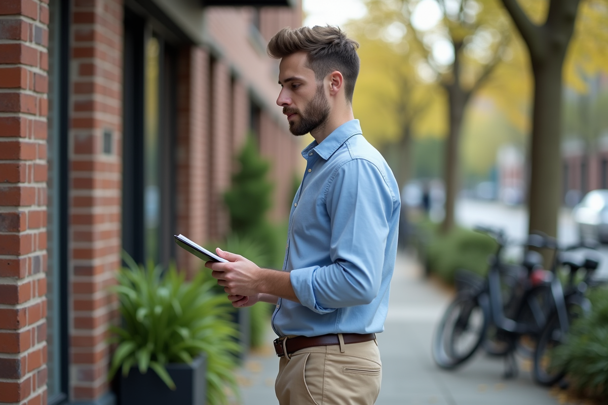 Jeune homme examine la façade d un bâtiment résidentiel