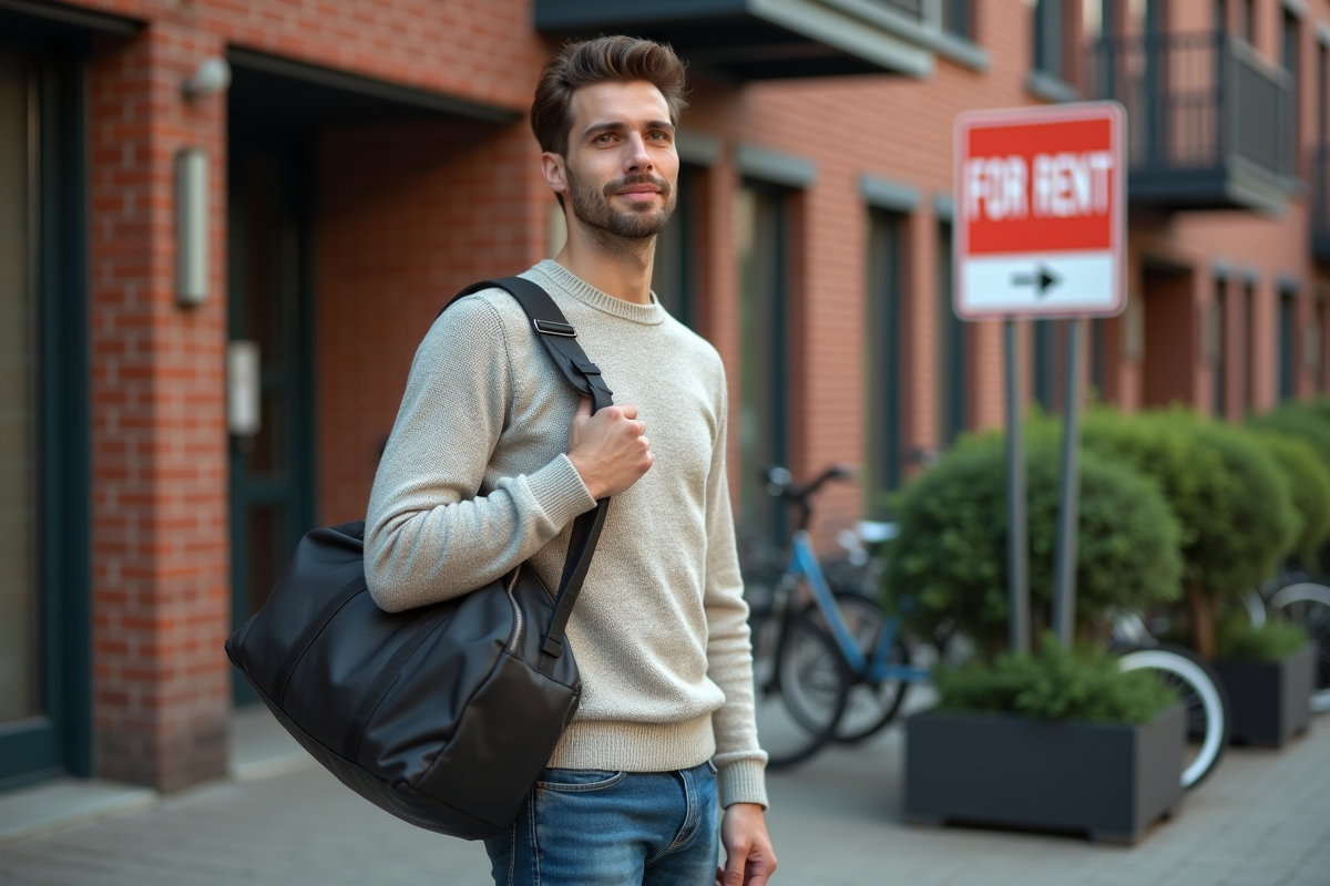 Jeune homme avec sac à dos devant un bâtiment en location
