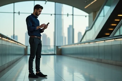 Jeune homme en métro à Dubai avec Almas Tower en arrière-plan