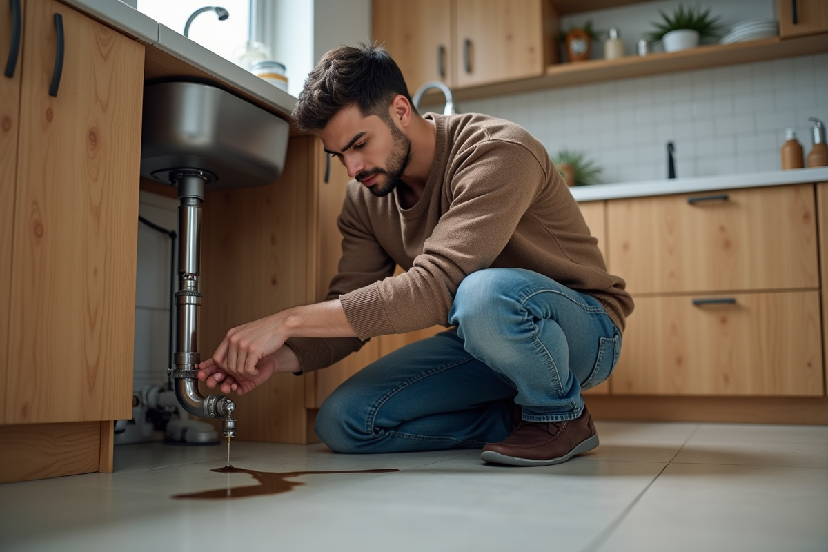 Jeune homme réparant une fuite sous l
