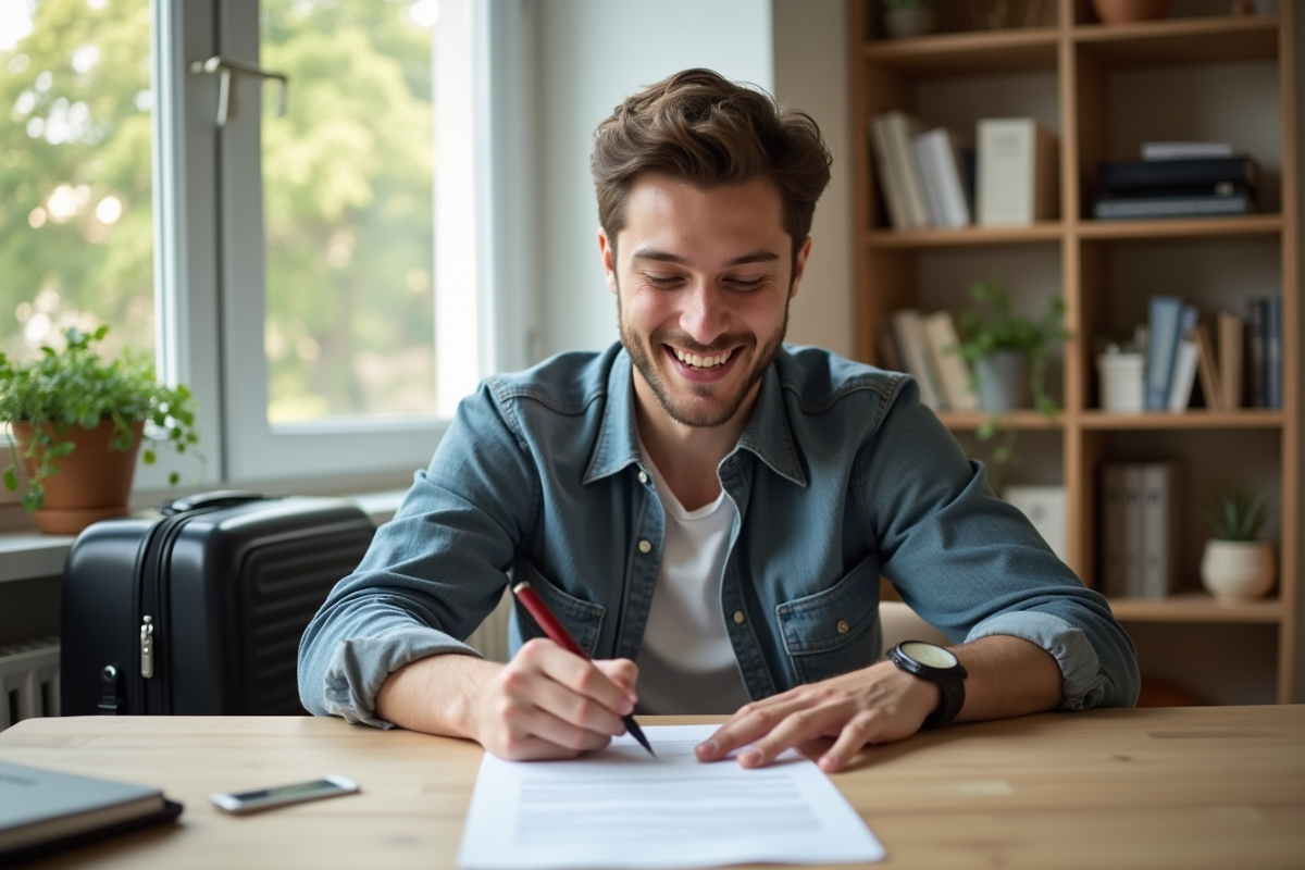 Jeune homme signant un document de location dans un appartement lumineux