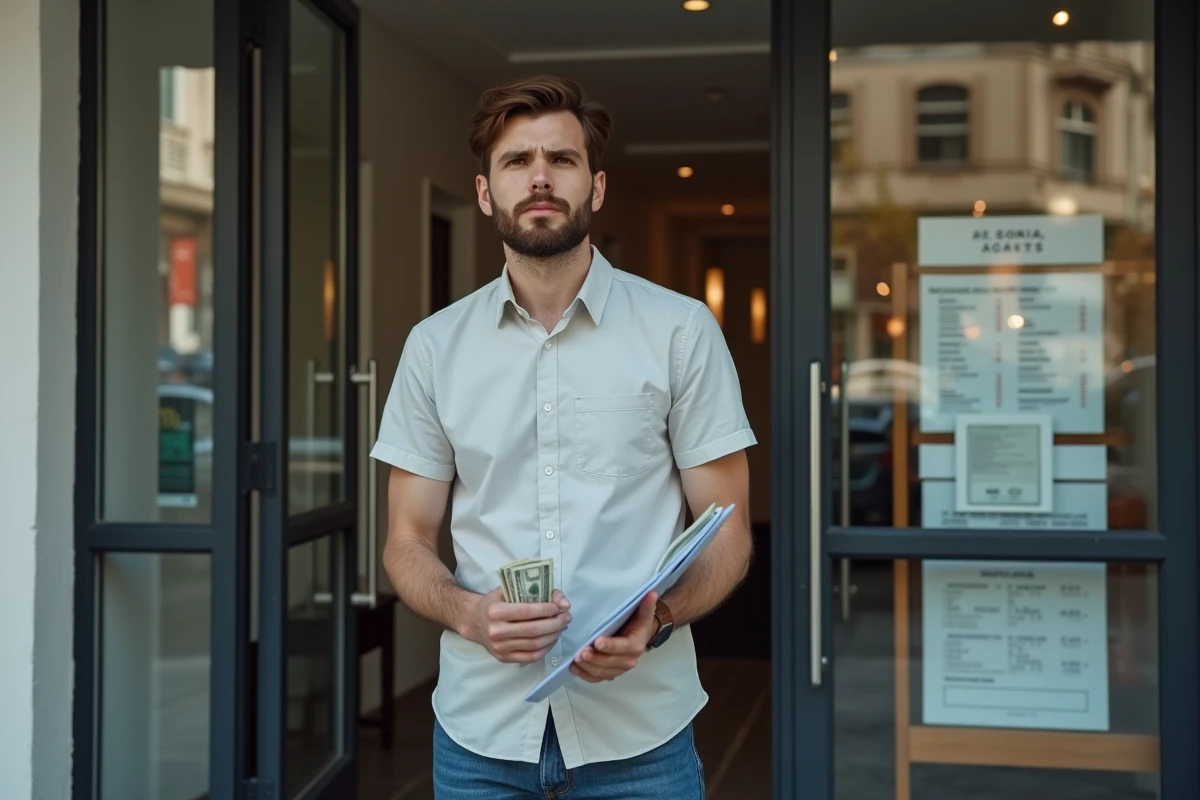 Jeune homme espérant devant agence de location en ville
