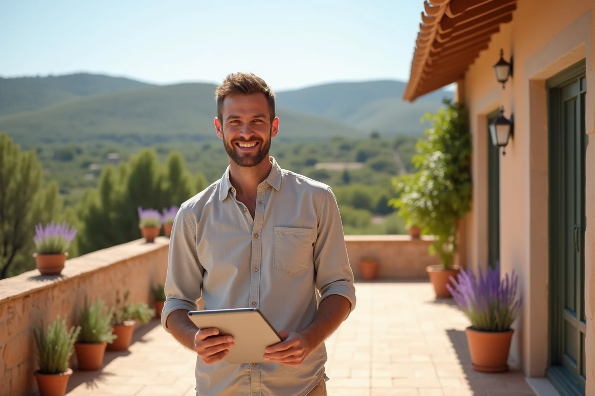Jeune homme souriant avec tablette sur terrasse en Aude