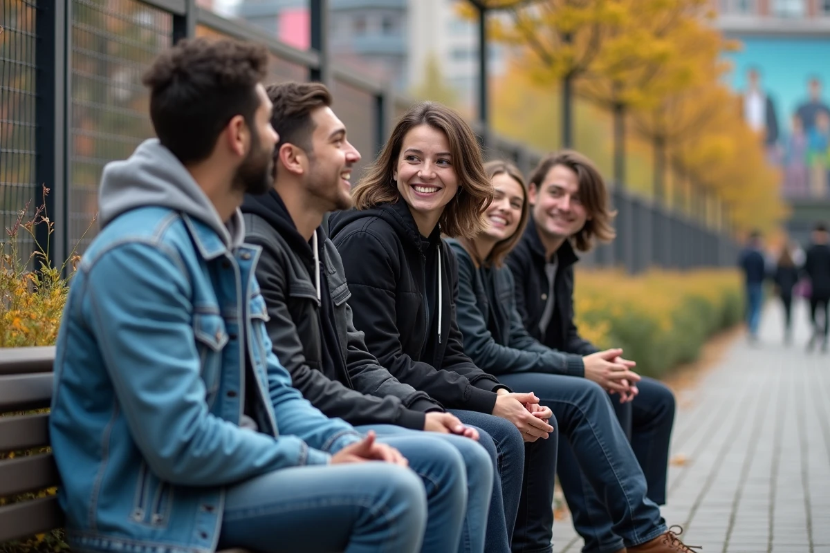 Jeunes discutant sur un banc dans le quartier nord
