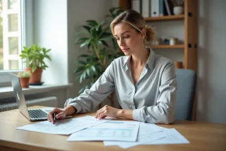 Femme consultant des justificatifs de charges locatives dans un appartement meublé moderne