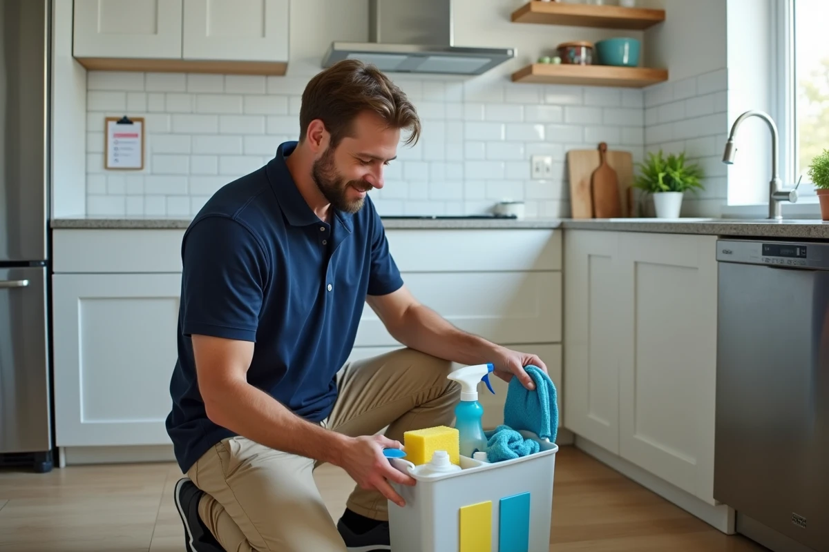 Hôte Airbnb organisant ses produits de nettoyage dans une cuisine moderne pour réduire le temps passé au ménage