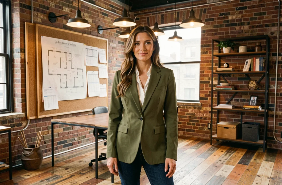 Agente immobilière de La Manufacture de l'Immo dans un bureau au design industriel rénové à Saint-Étienne