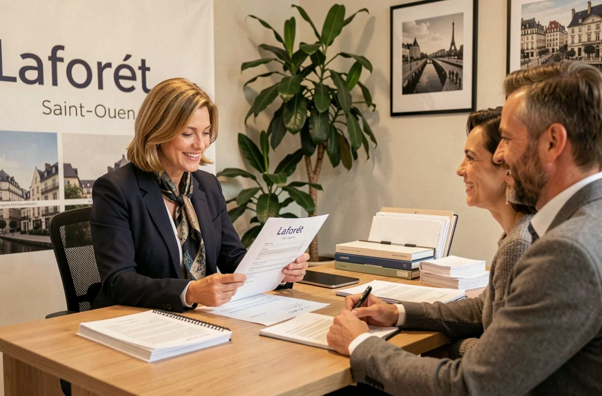 Agente Laforêt Saint-Ouen conseillant un couple lors de la signature d'un contrat immobilier dans l'agence