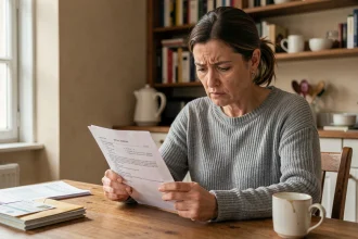 Femme locataire stressée lisant un contrat de bail avec augmentation de loyer dans sa cuisine