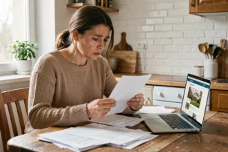 Femme locataire lisant une mise en demeure d'assurance habitation à la table de sa cuisine