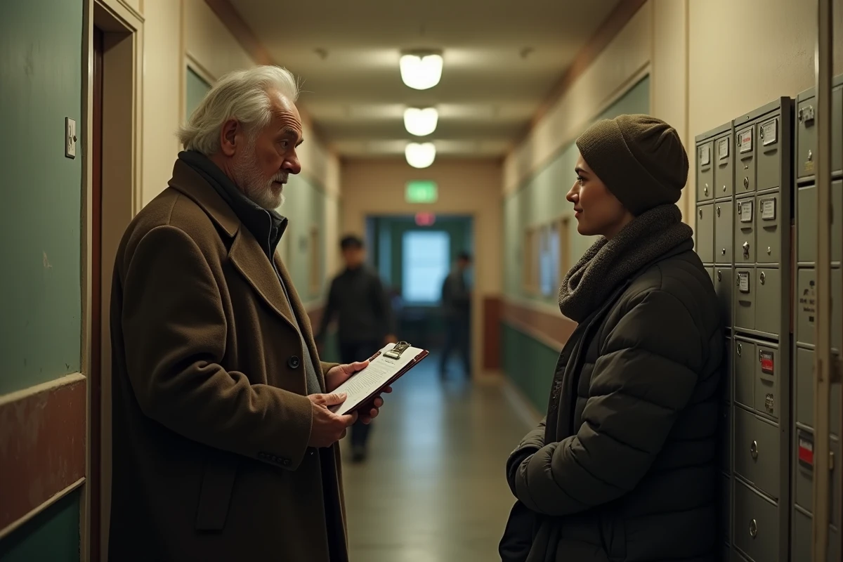 Vieux propriétaire donnant un document à un jeune couple dans un couloir