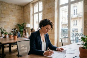 Femme d'affaires travaillant dans un bureau moderne à Bordeaux avec murs en pierre apparente et mobilier contemporain