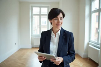 Gestionnaire immobilière utilisant un logiciel d'état des lieux sur tablette dans un appartement vide