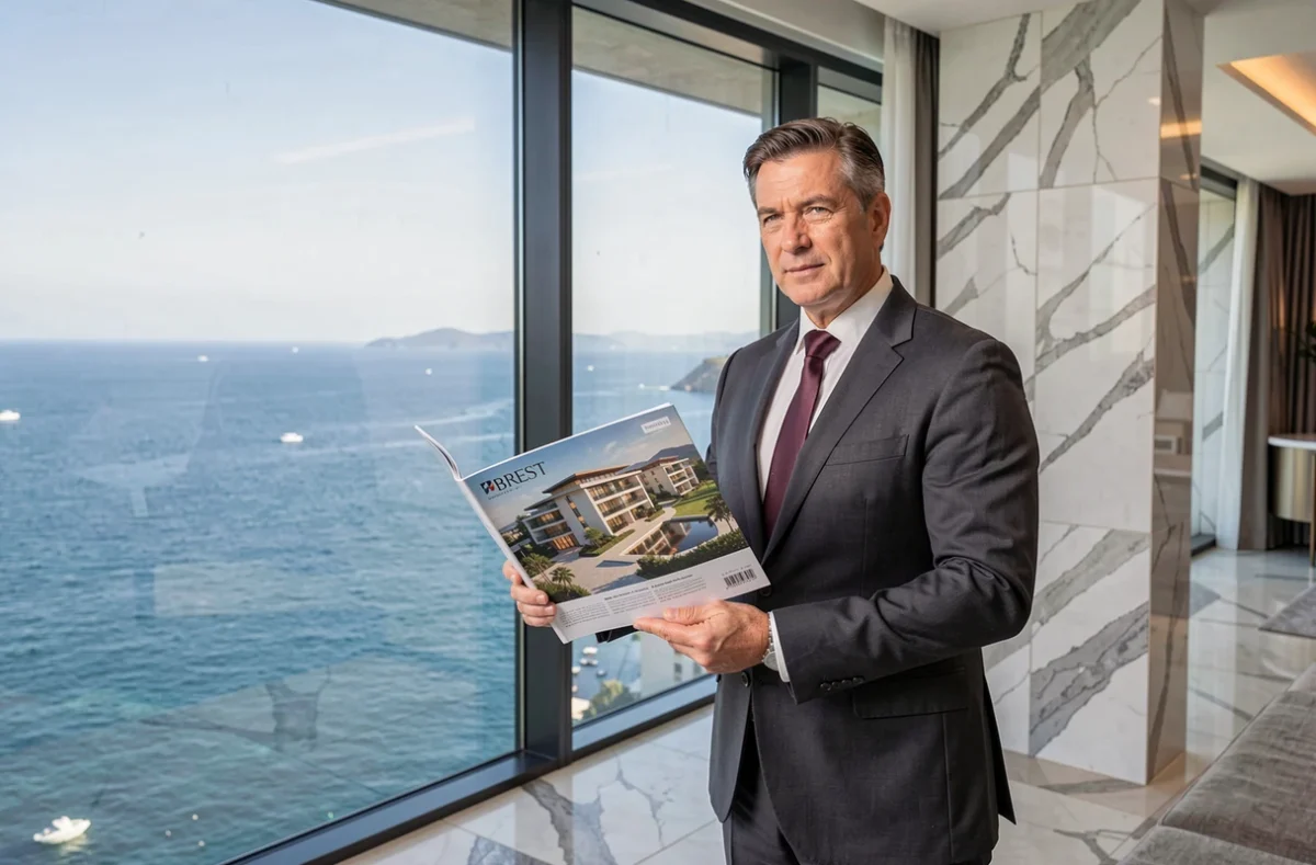 Agent de Luxior Immobilier présentant un bien haut de gamme avec vue sur la mer à Brest