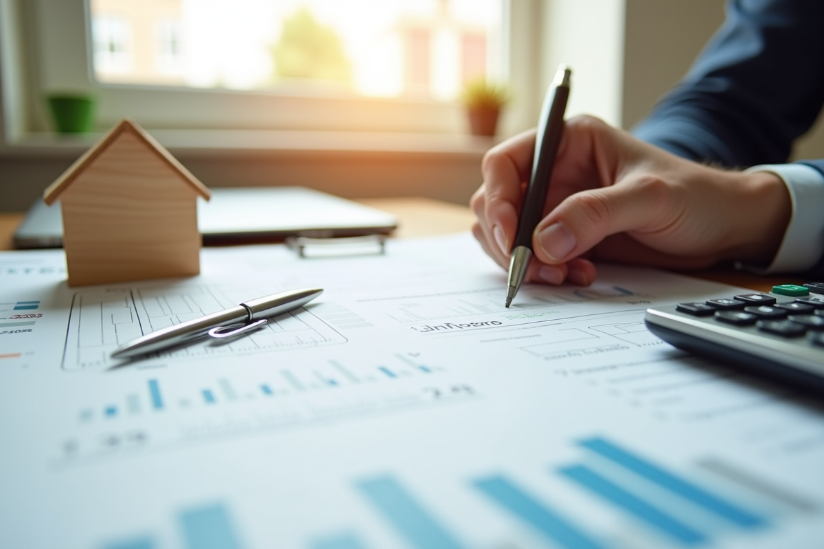 Main utilisant une calculatrice sur des papiers de prêt immobilier
