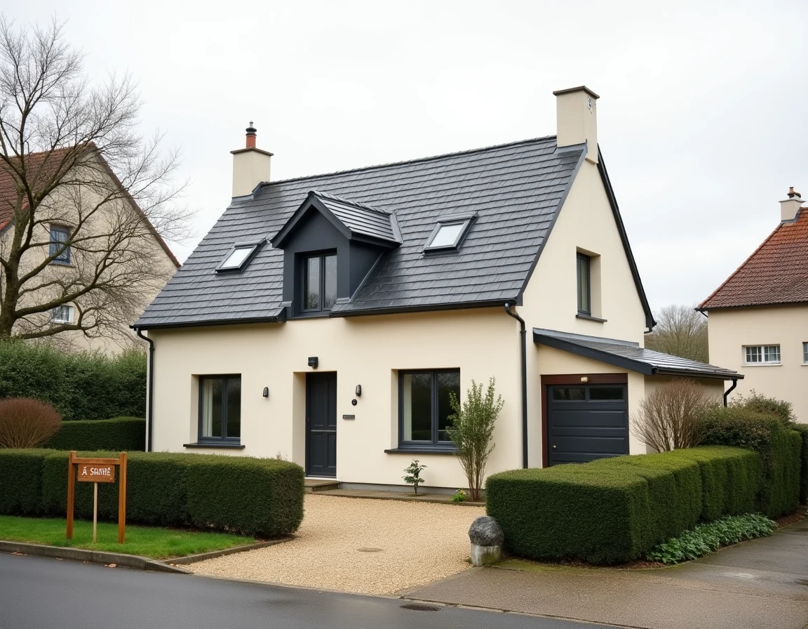 Maison pavillonnaire à vendre près de Metz avec panneau de vente immobilière dans un quartier résidentiel