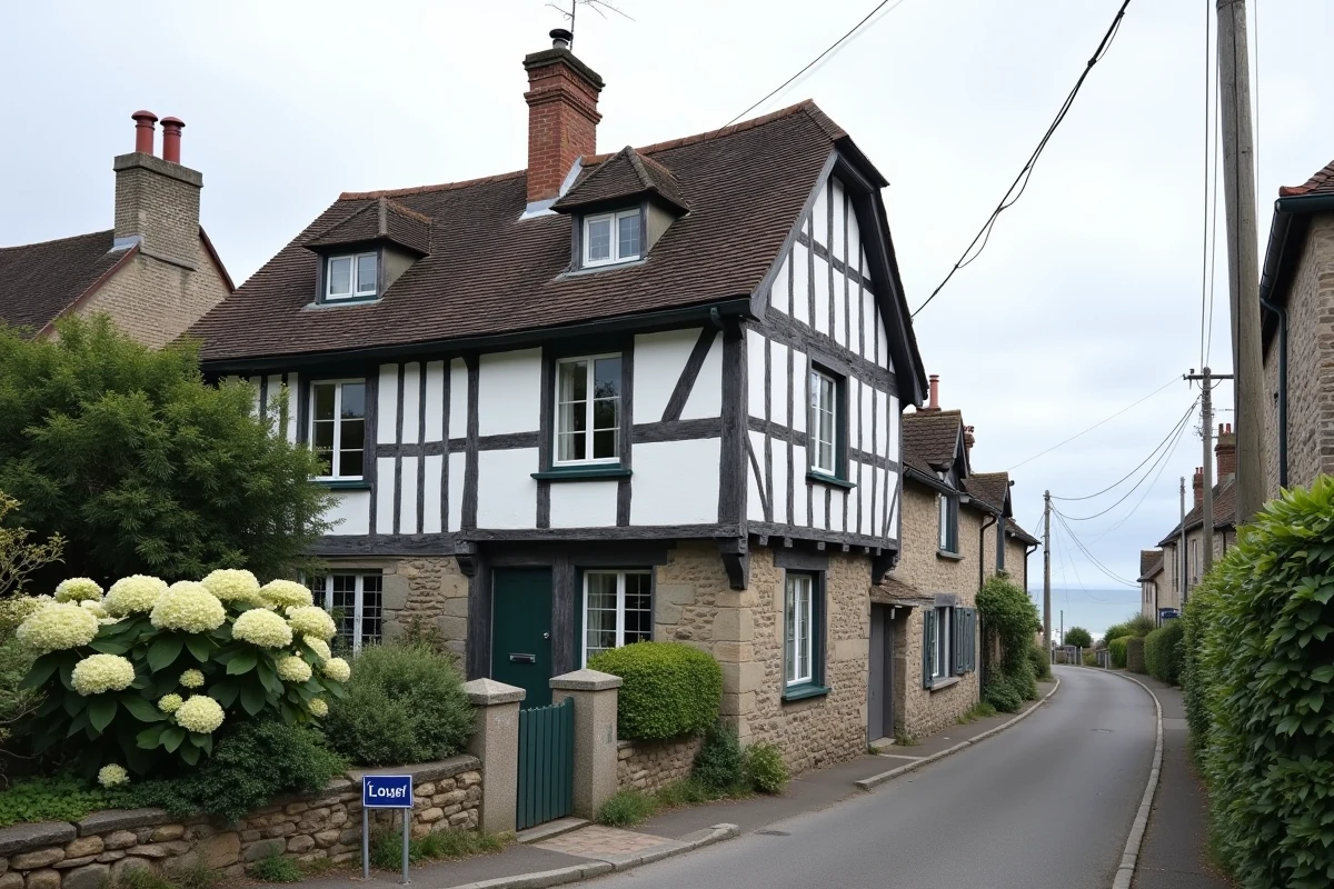 Maison normande à colombages à louer dans un village côtier de Normandie avec jardin fleuri