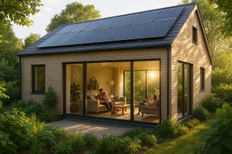 Photo d'une maison passive moderne avec grandes fenêtres et panneaux solaires