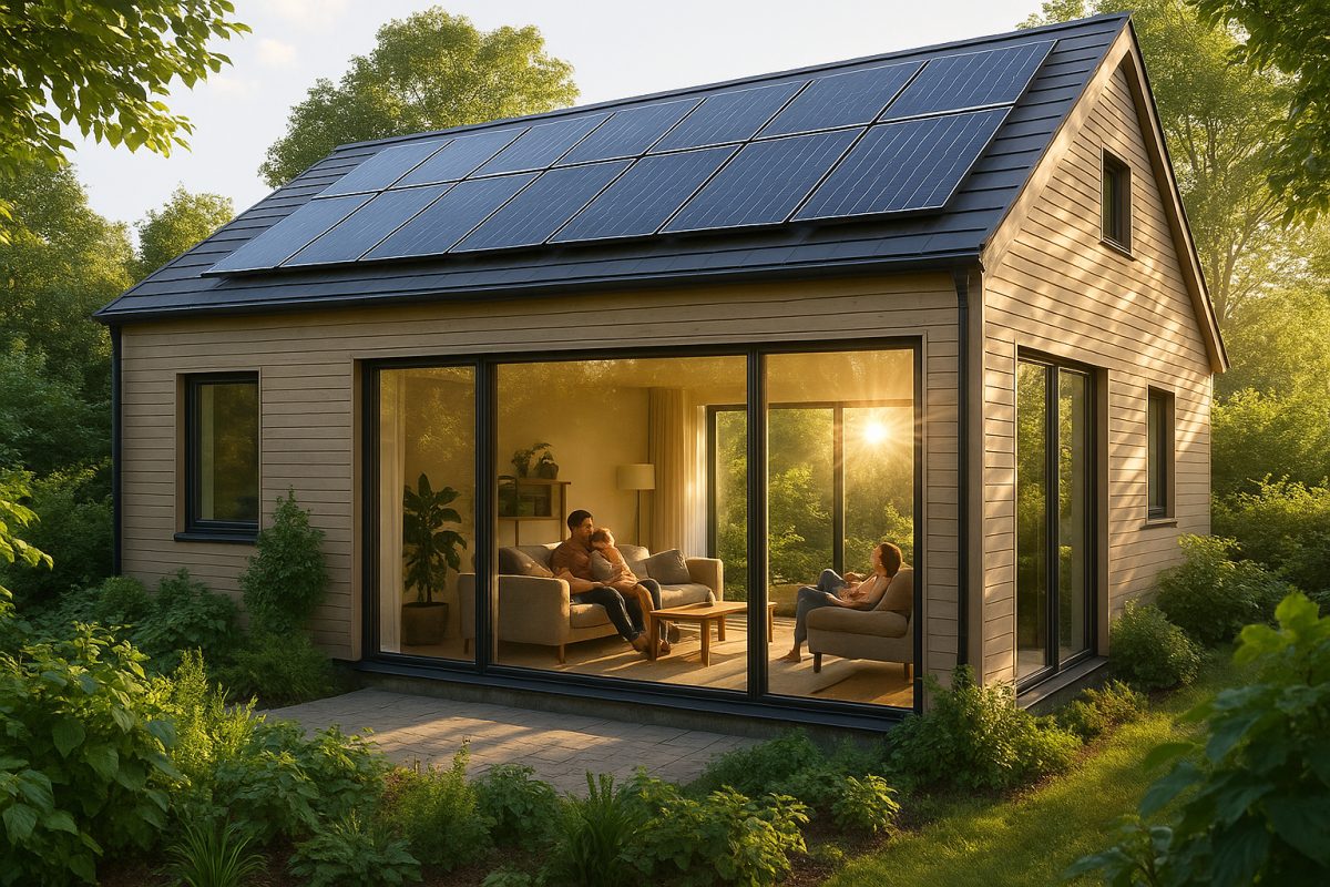 Photo d'une maison passive moderne avec grandes fenêtres et panneaux solaires