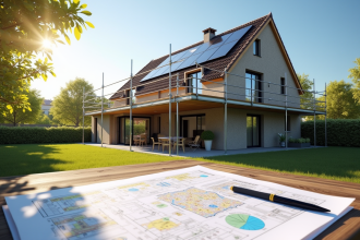 Maison moderne en rénovation avec panneaux solaires et plans